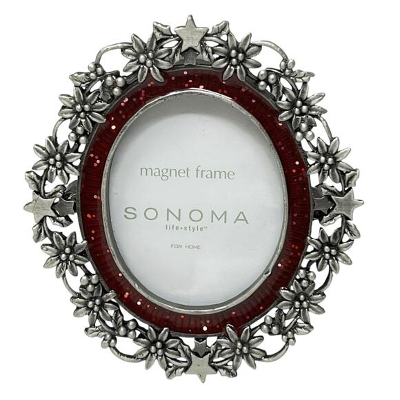Sonoma Magnet Frame 3" x 2.5" Red Sparkle Inner Border Metal Flowers Stars Frame - Picture 1 of 3